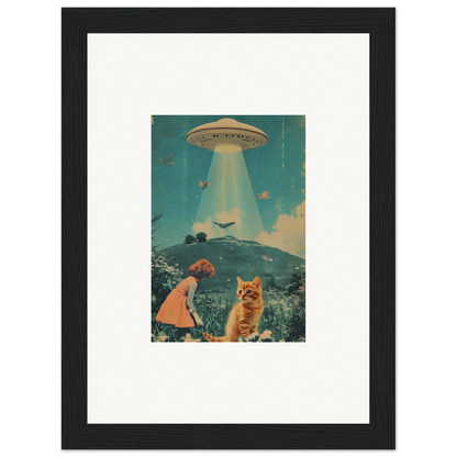 Framed retro-style canvas print of a UFO in Thought Meadows, perfect for room decoration