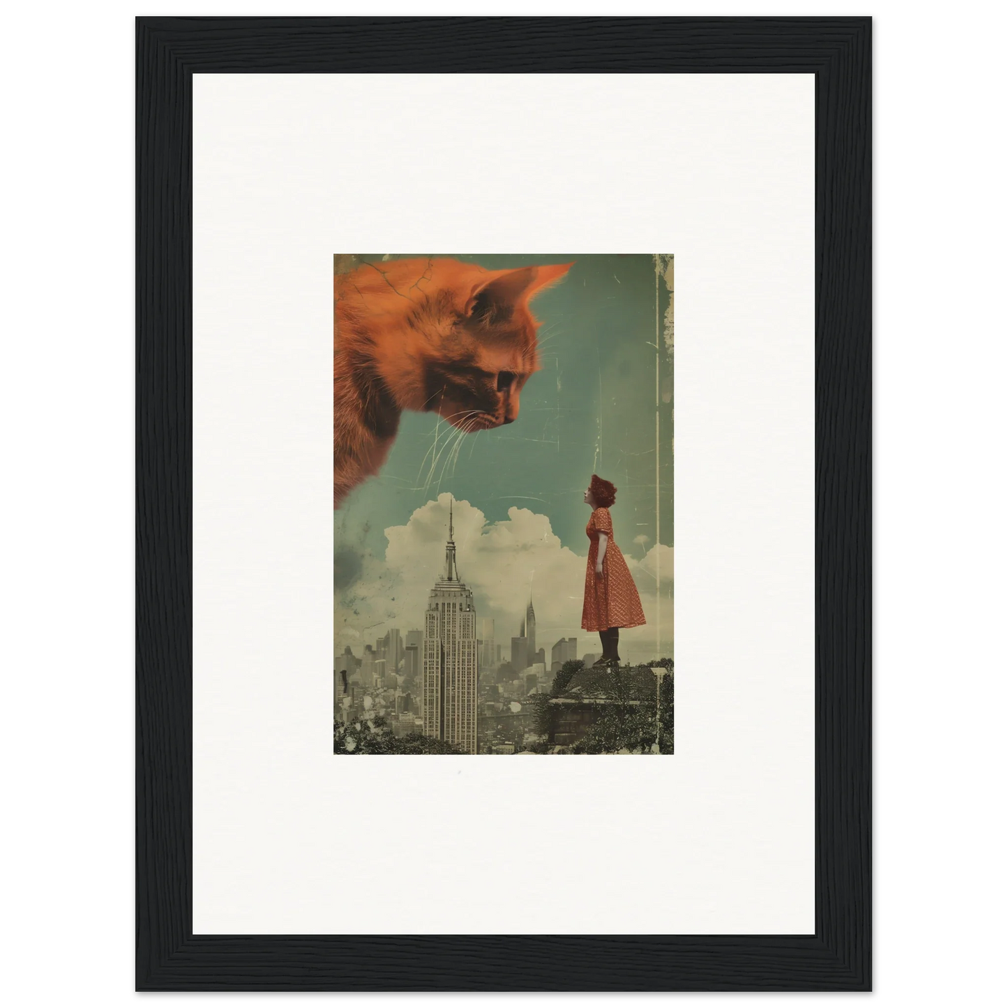 Surreal collage of a giant cat’s head over a cityscape, ideal for Room Decor and Framed Wall Art