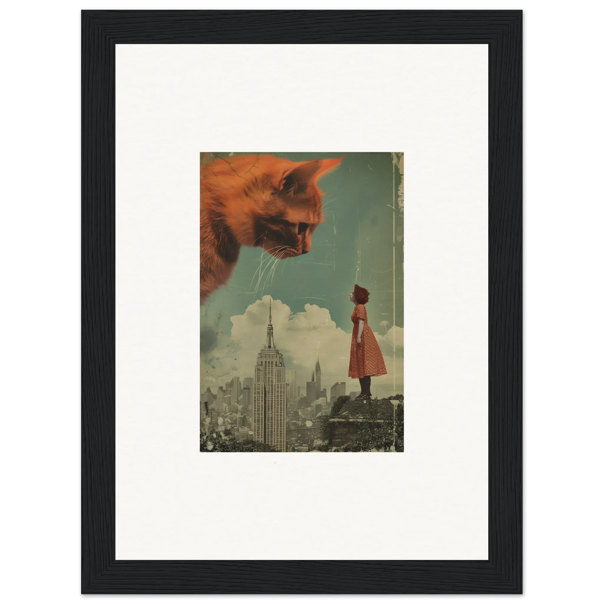 Surreal collage of a giant cat’s head over a cityscape, ideal for Room Decor and Framed Wall Art