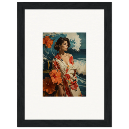 Framed canvas print of a woman in a floral dress, perfect for room decoration with Musing Cascade vibes