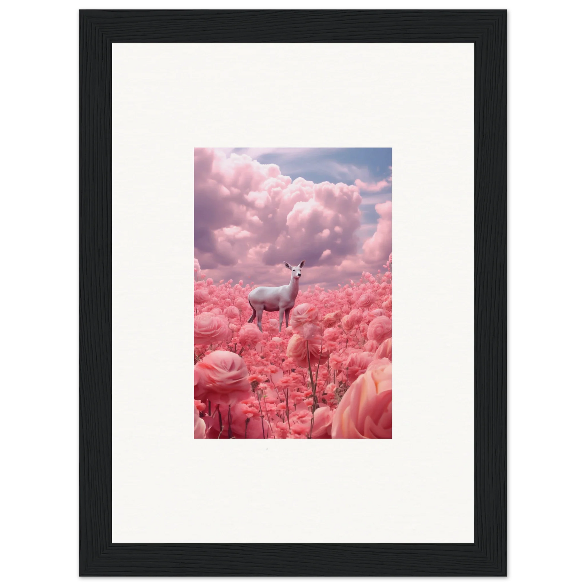 Deer in pink flowers under clouds for chic room decoration canvas print wall art