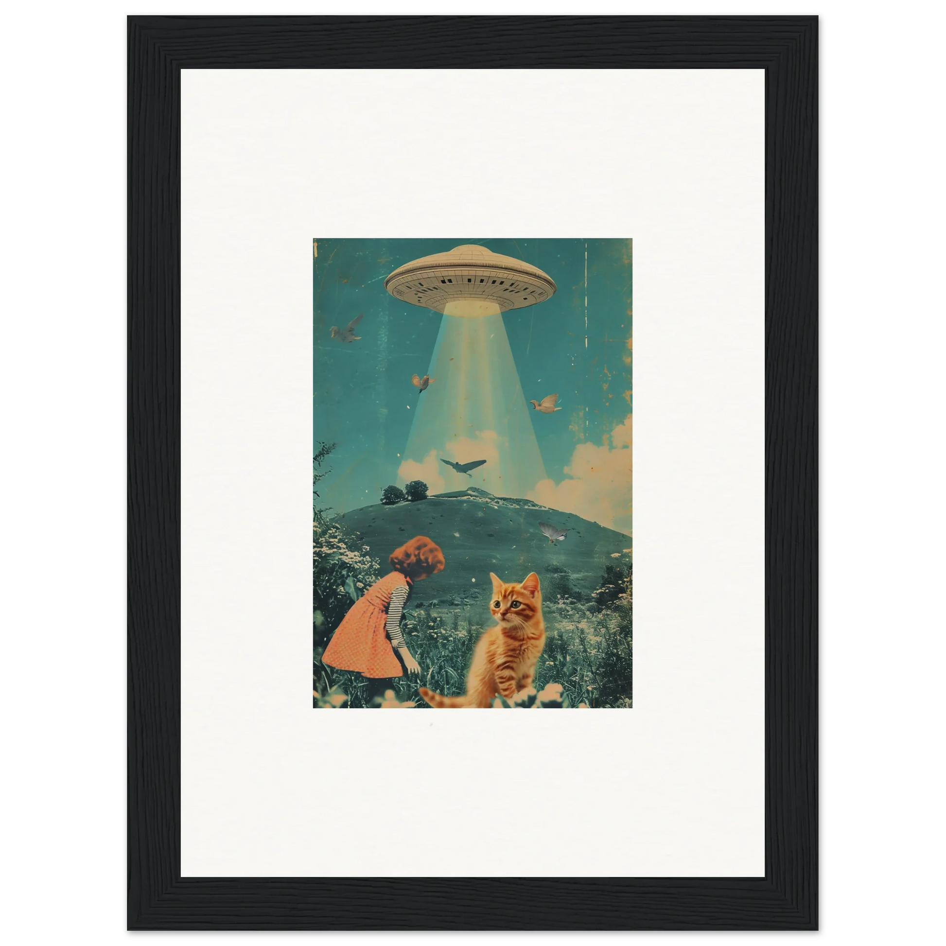 Colorful canvas print of a UFO over a surreal landscape for unique room decoration