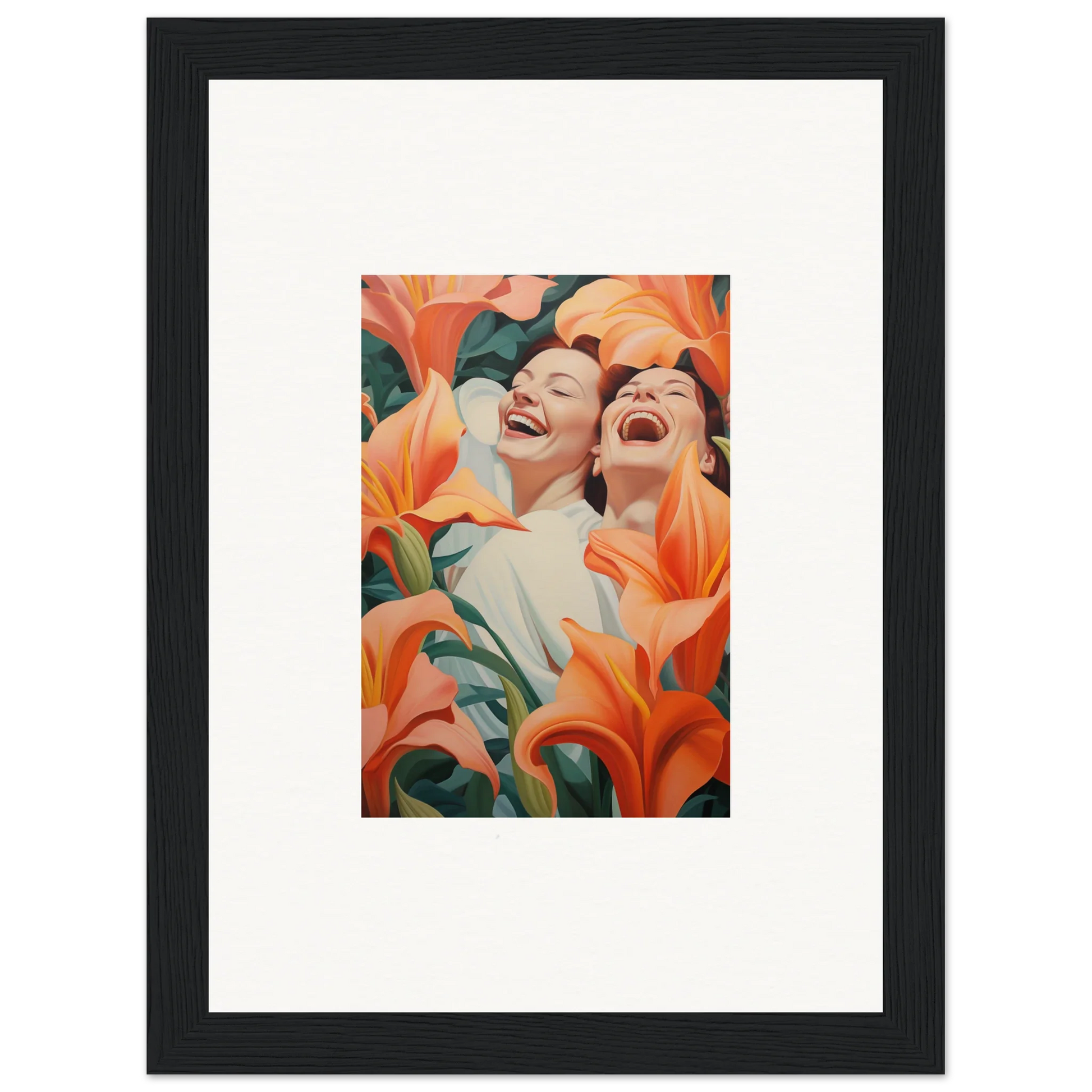 Framed wall art of laughing figures and orange lilies for your room decoration