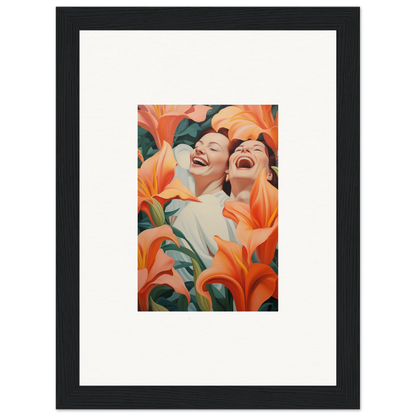 Framed wall art of laughing figures and orange lilies for your room decoration