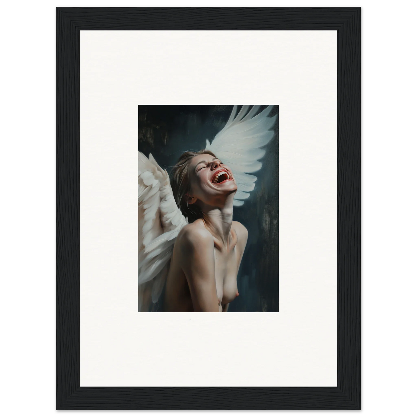 Framed canvas print of a person with white wings laughing, perfect wall art for room decoration