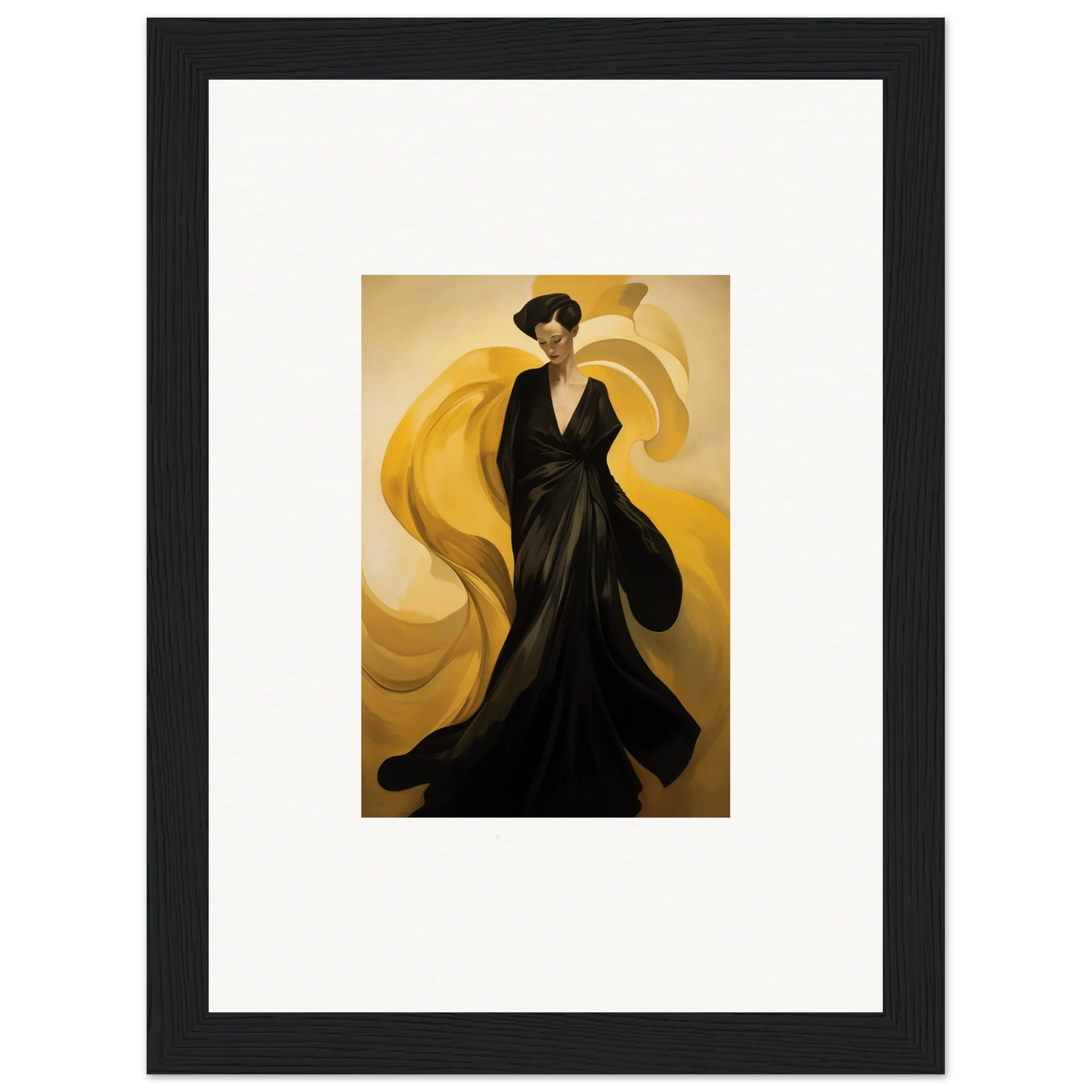 Framed canvas print of a figure in a black gown with sun waves for stylish room decoration