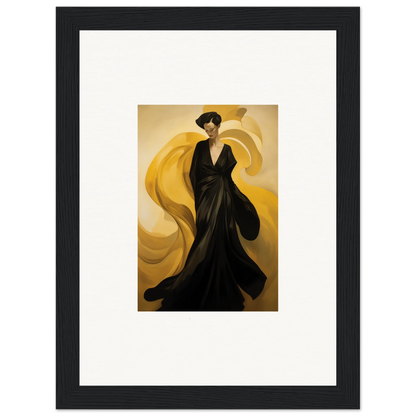 Framed canvas print of a figure in a black gown with sun waves for stylish room decoration