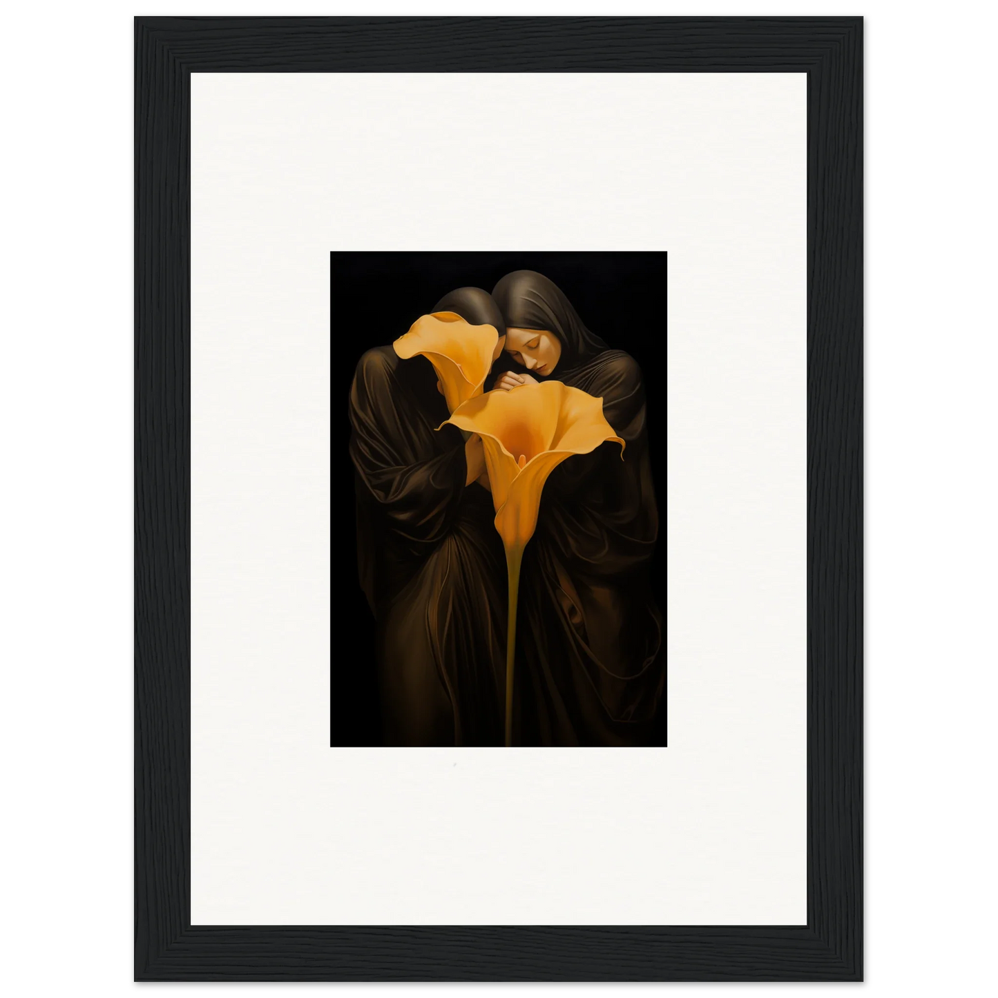 Bright yellow calla lily flower on dark backdrop for a stunning bloom couple canvas print