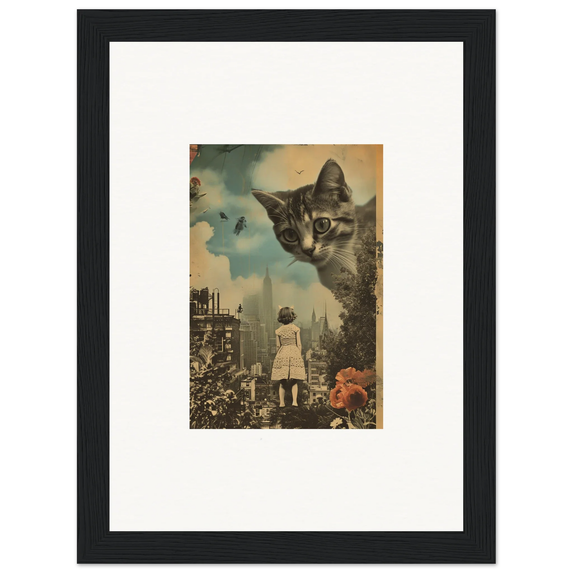 Surreal cat face over cityscape makes a unique canvas print for room decoration