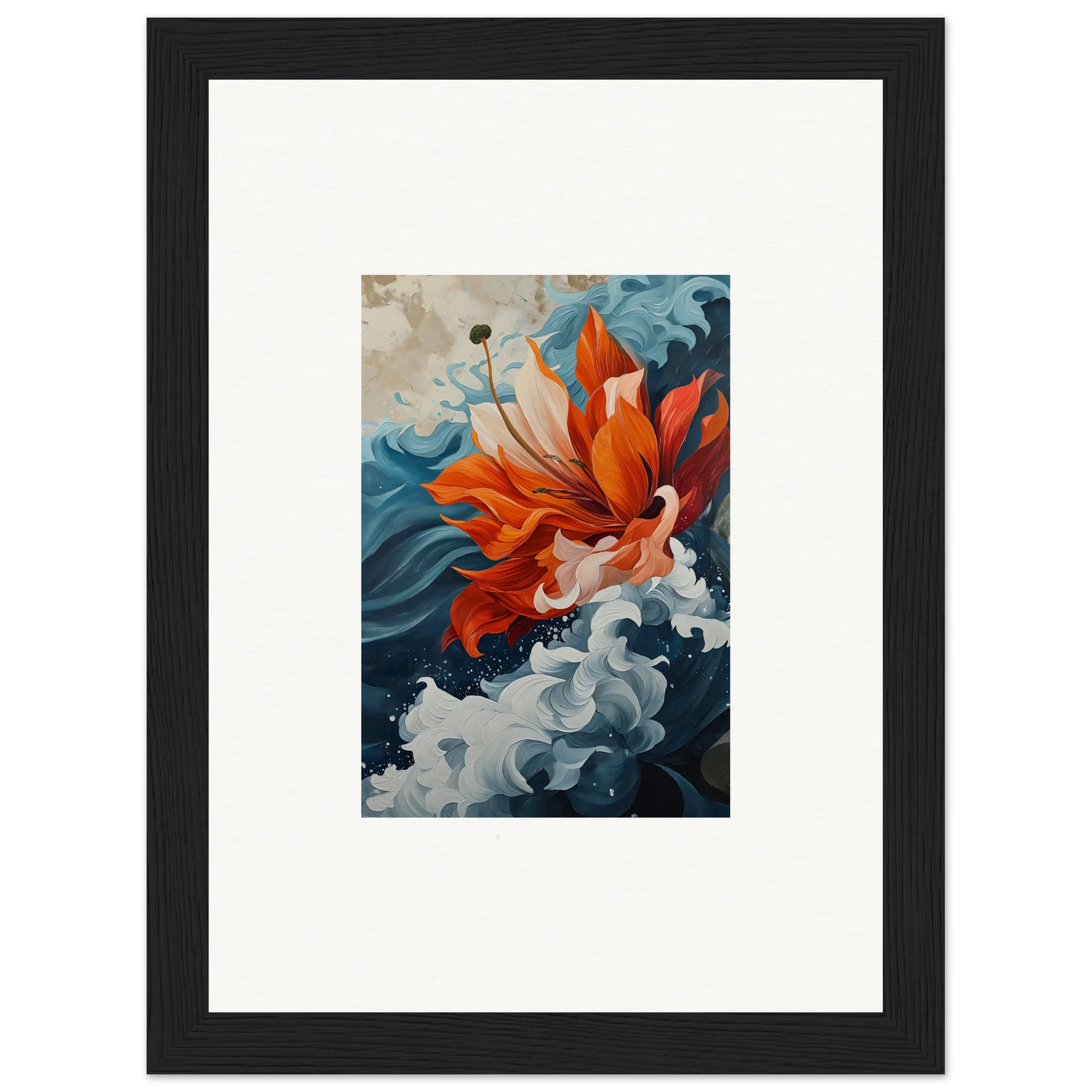 Vibrant orange flower in blue waves perfect for your Petal Odyssey canvas print decor