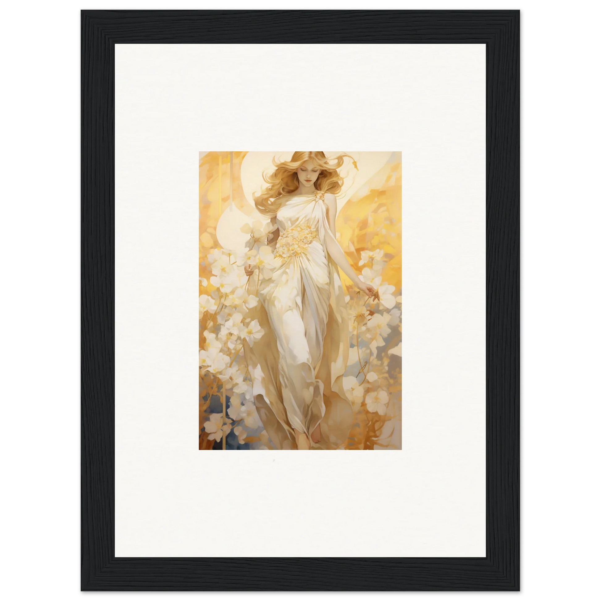 Framed canvas print of an ethereal woman in a white dress, perfect for blossom reverie room decoration