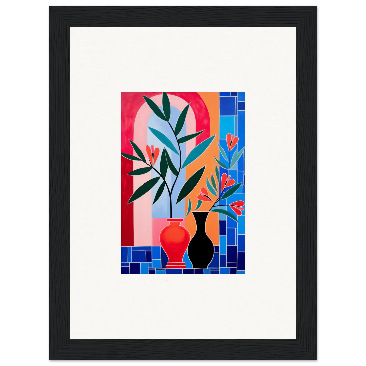 Colorful abstract painting of ceramic blooms in vases for stylish room decor