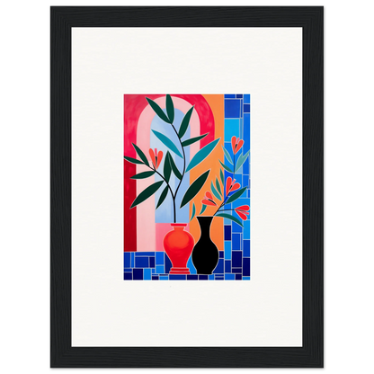 Colorful abstract painting of ceramic blooms in vases for stylish room decor