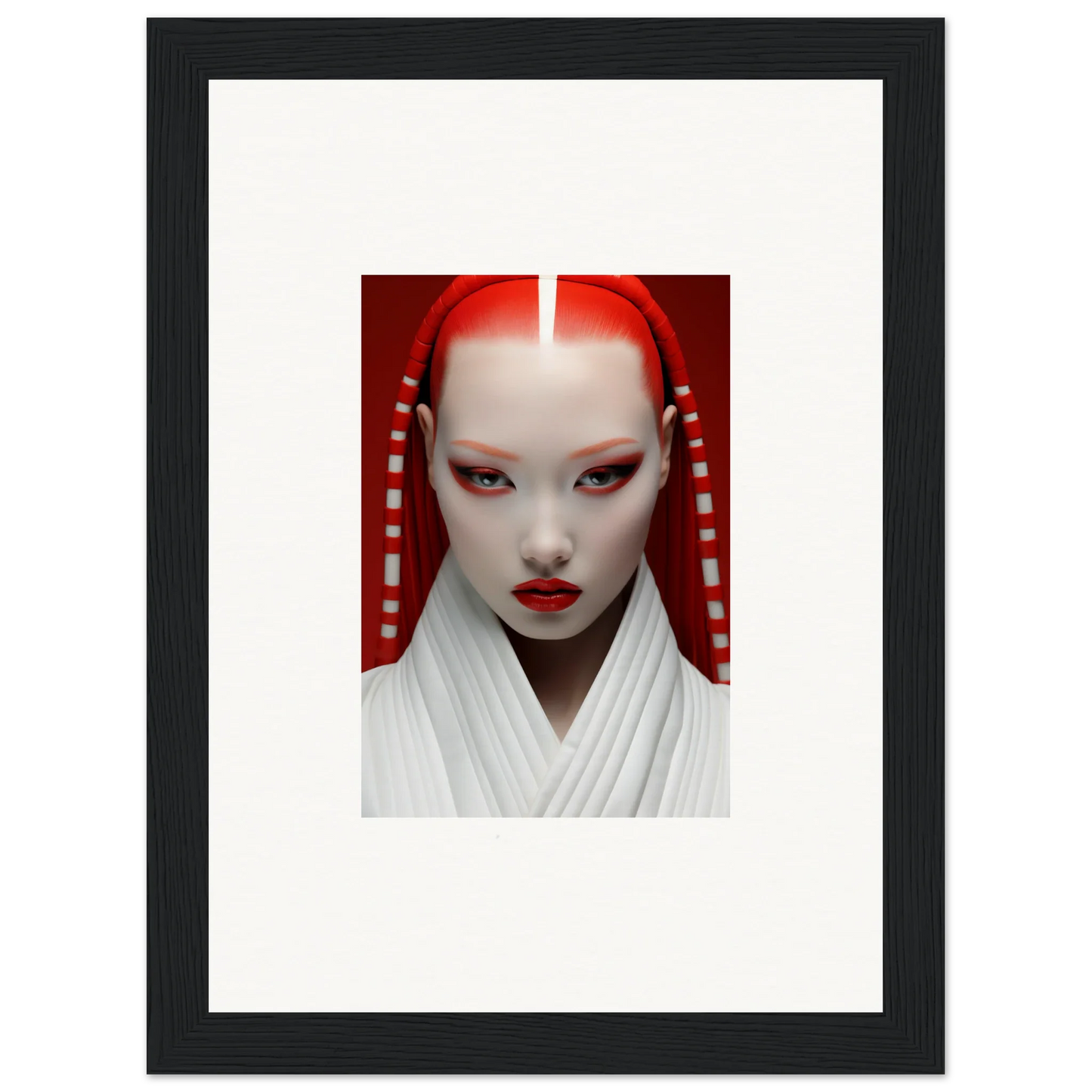 Striking portrait of a figure with white face paint and red accents on Pome Artcard Whisper