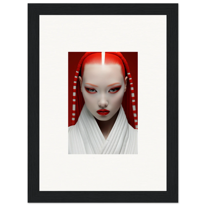 Striking portrait of a figure with white face paint and red accents on Pome Artcard Whisper