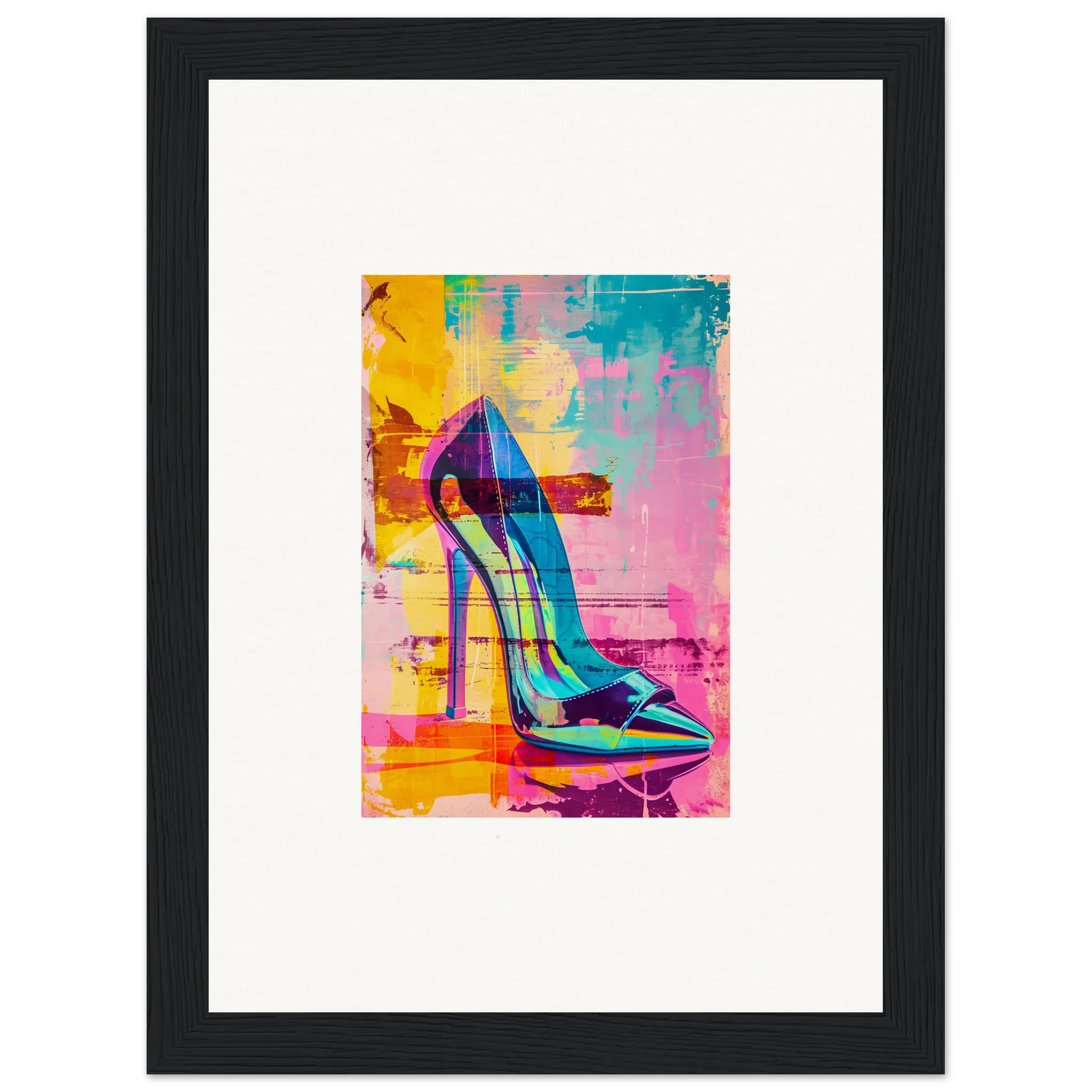 Vibrant pop art illustration of a stiletto shoe for Noir Reverie room decor