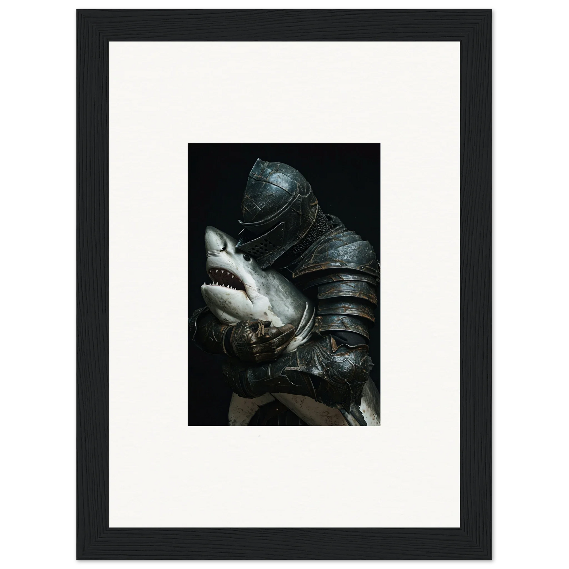 Knight in armor holding a shark for cool room decoration canvas print Shark Epiphany