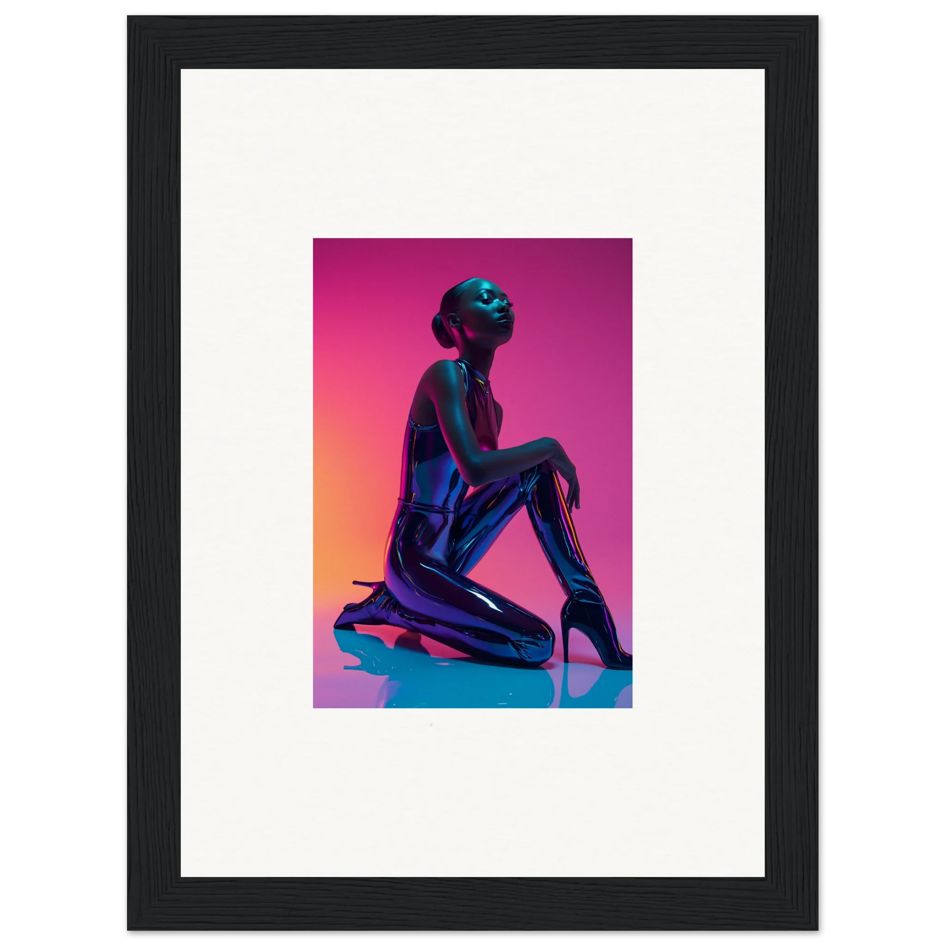 Silhouette of a seated figure on shiny blue, perfect for Neon Vortex room decoration canvas print