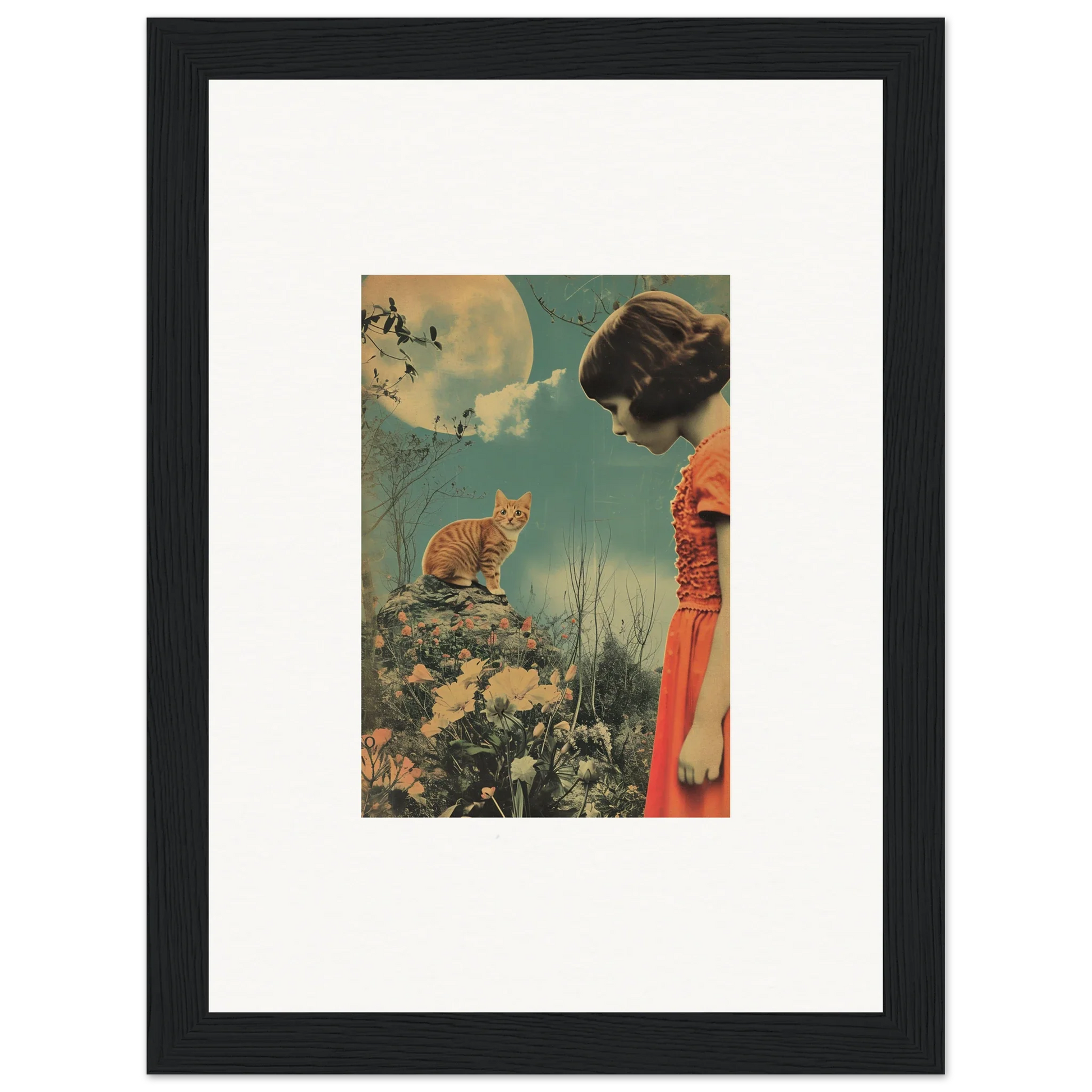 Framed vintage artwork of a woman in red with a cat, perfect for whimsy reverie room decoration