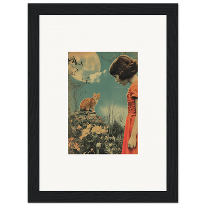 Framed vintage artwork of a woman in red with a cat, perfect for whimsy reverie room decoration