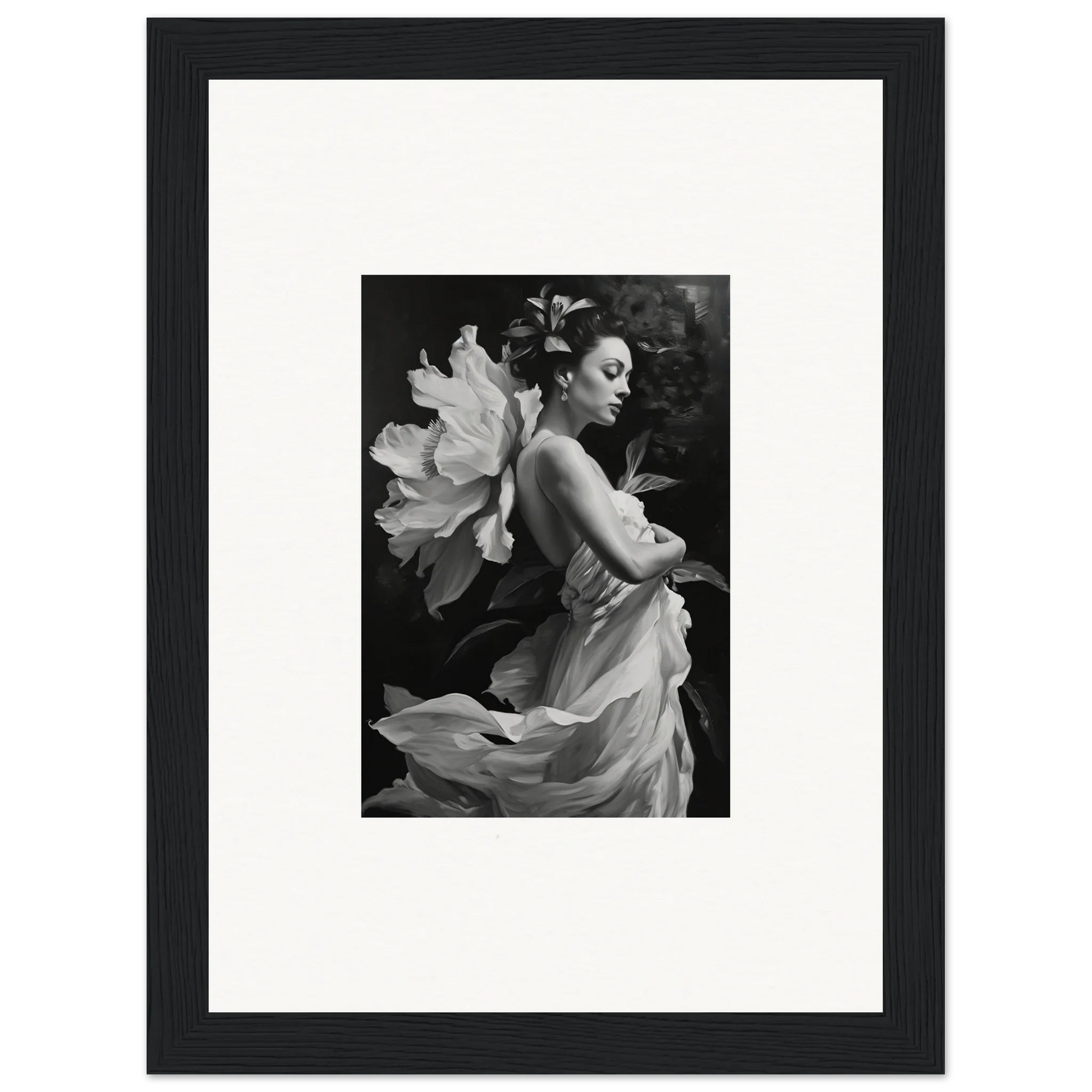 Black and white canvas print of a woman in a flowing dress with a flower for room decoration