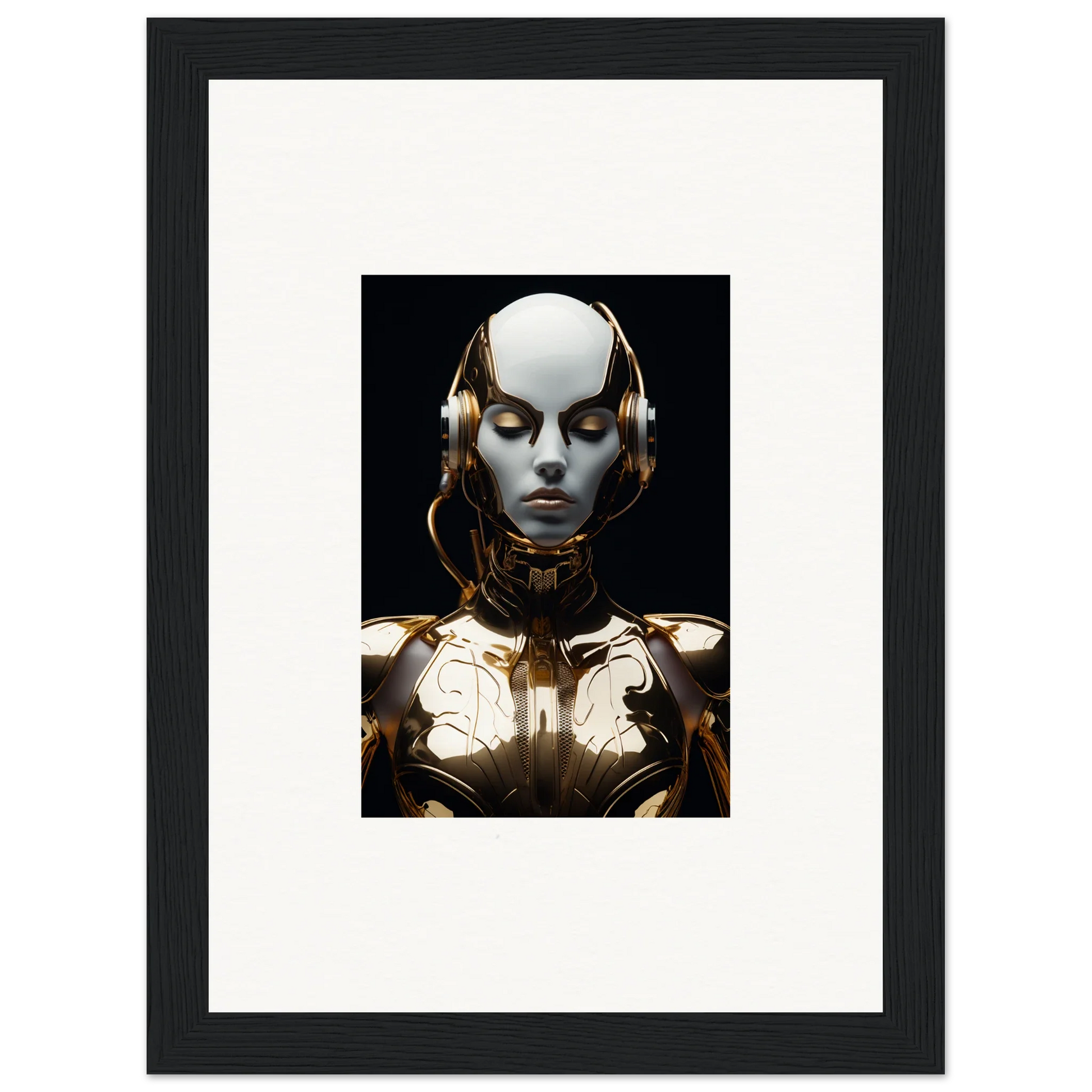 Futuristic humanoid robot with a metallic face for stylish room decoration and electrical elegance