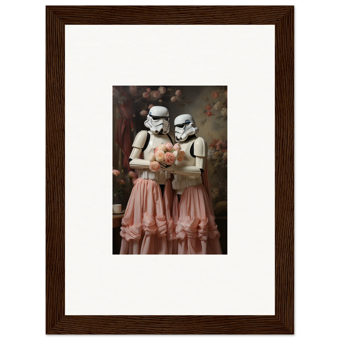 Framed photograph of two Stormtroopers wearing pink tulle dresses.