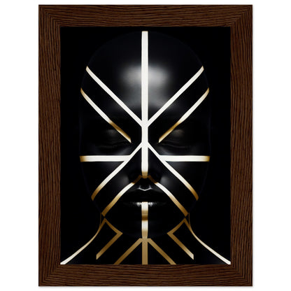 Abstract geometric design resembling a stylized face or mask composed of intersecting white and gold lines on a black background.