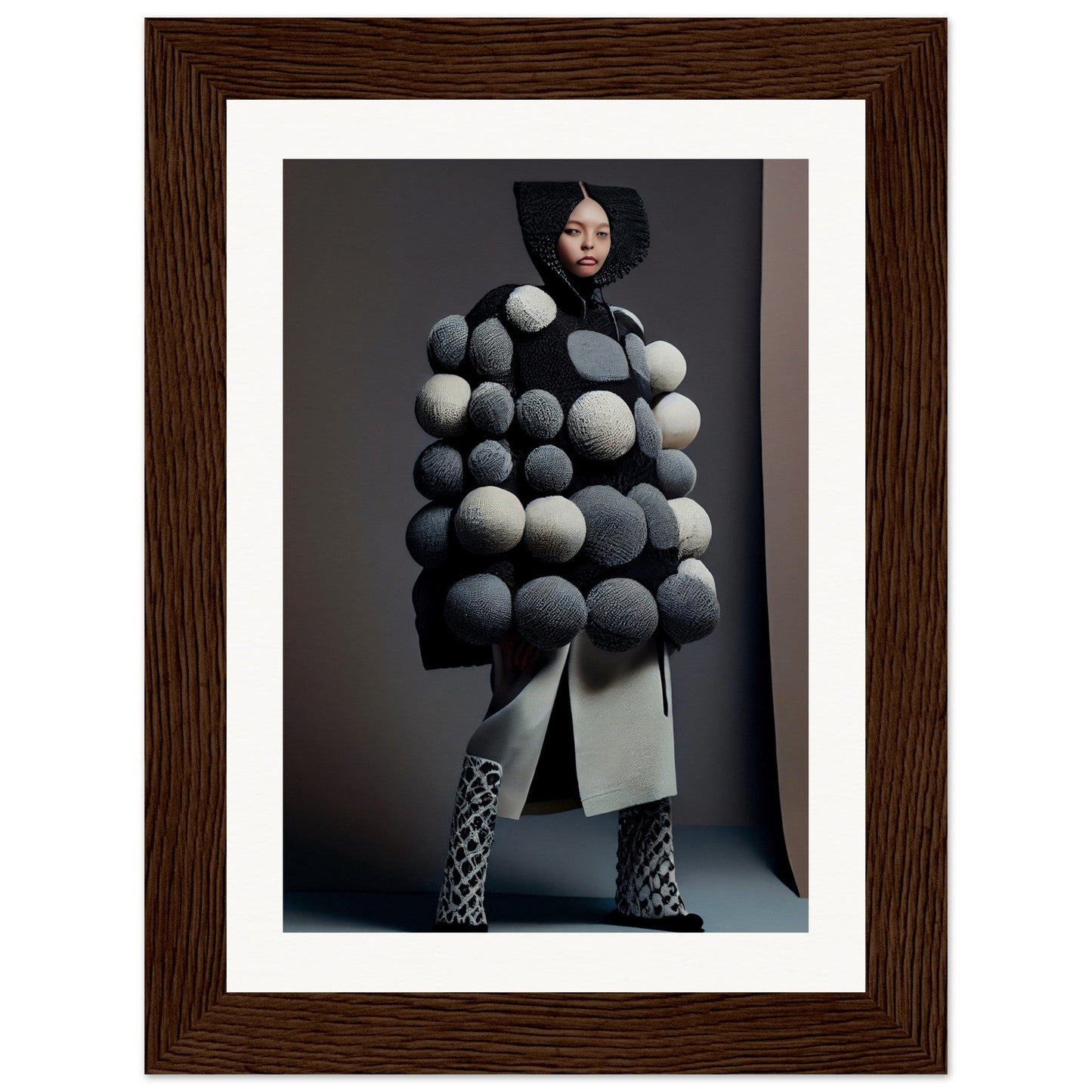 Avant-garde coat adorned with numerous spherical protrusions.