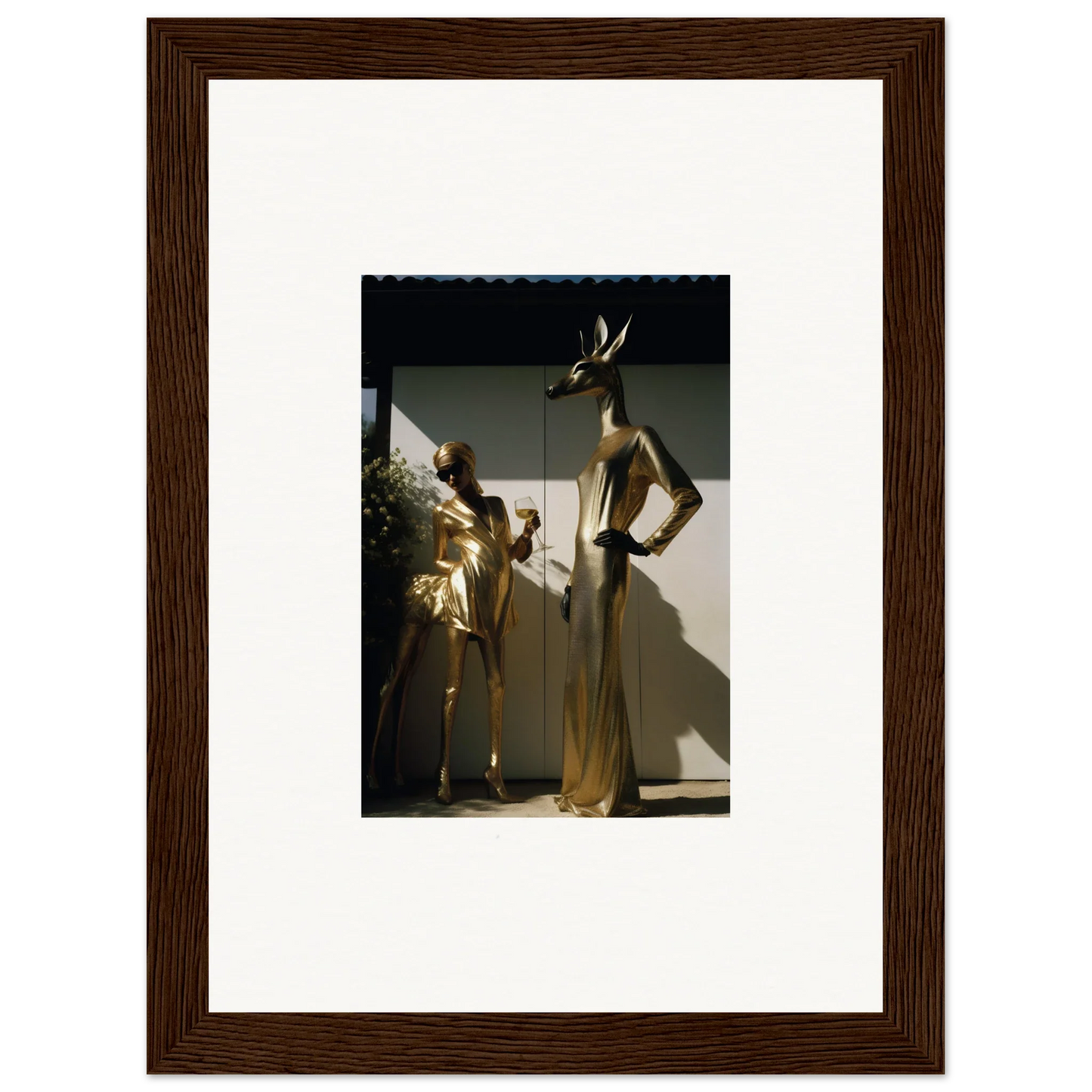 Framed photograph of two golden mannequins in elegant evening wear.