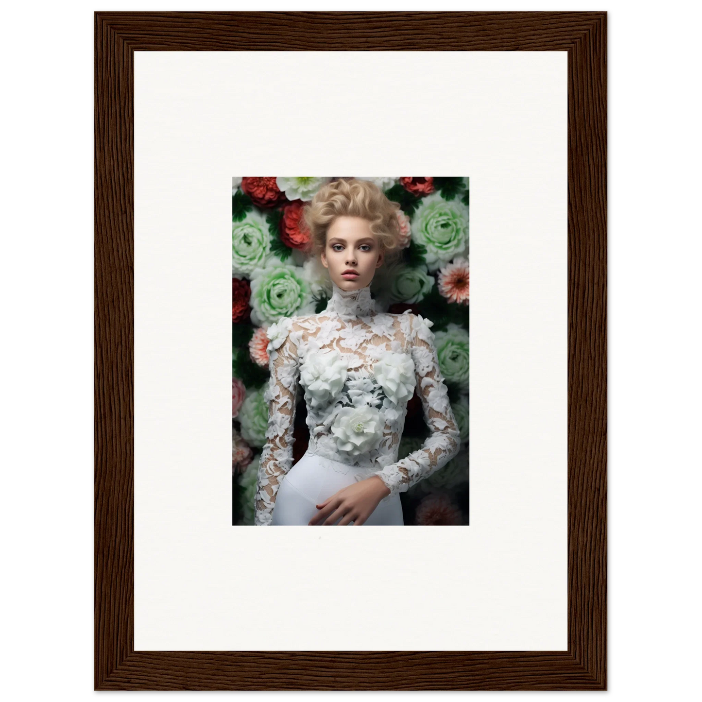 Framed portrait photograph of a woman in an ornate white lace dress against a floral backdrop.