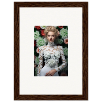 Framed portrait photograph of a woman in an ornate white lace dress against a floral backdrop.