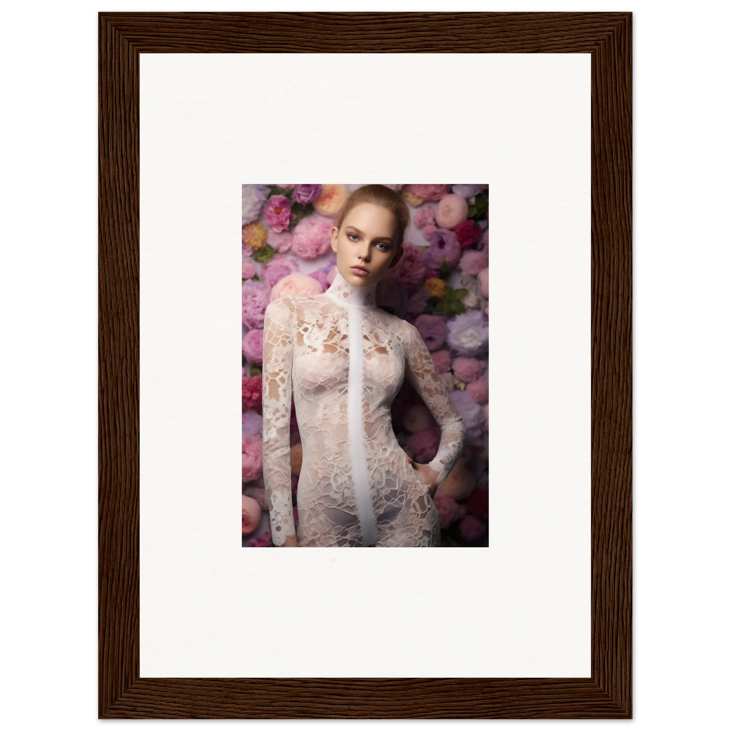 Framed photograph of a woman wearing a white lace dress against a floral background.