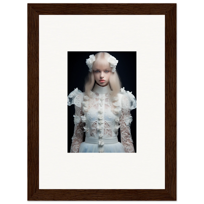 Framed photograph of a person wearing an ornate white lace outfit and headdress.