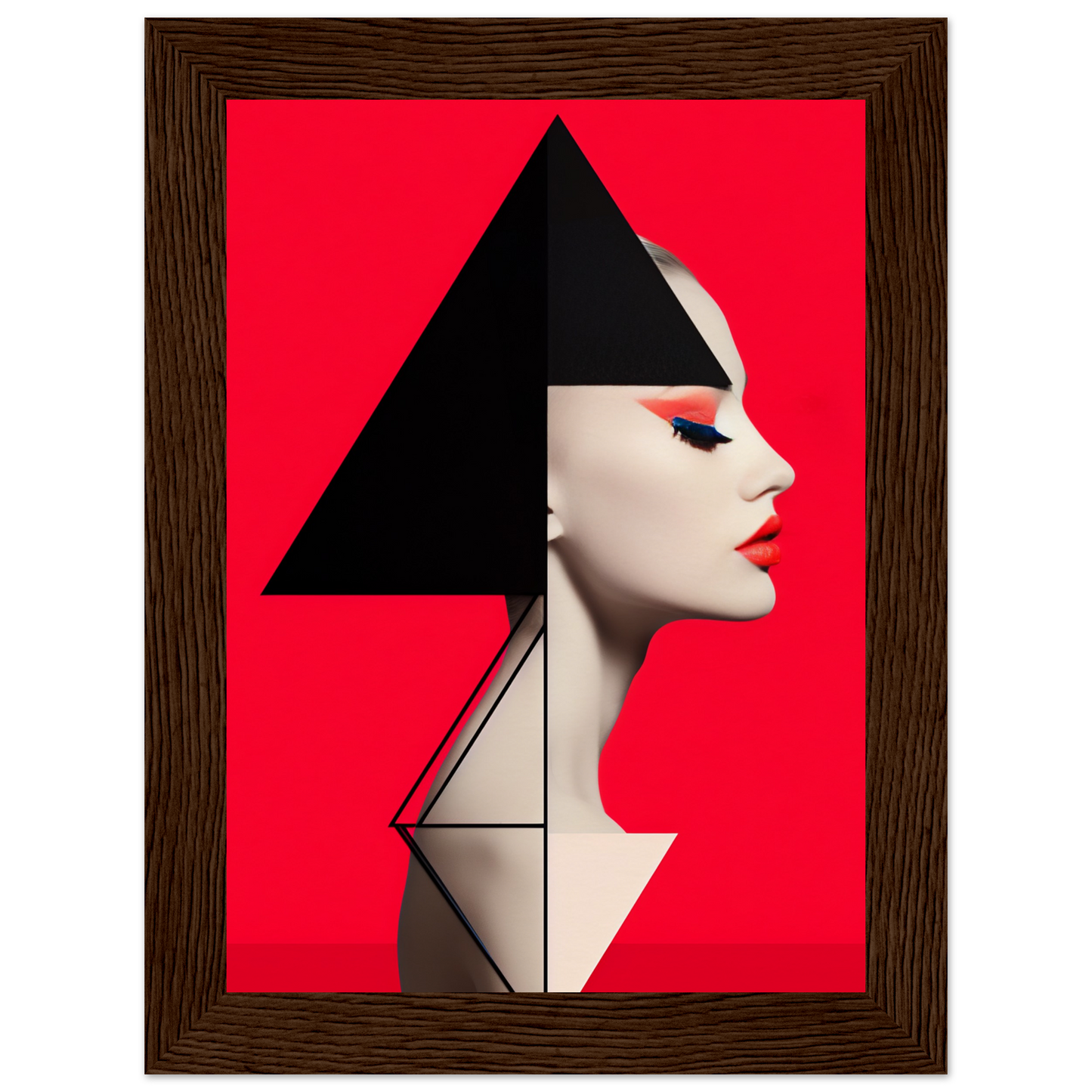 Profile portrait of a person with geometric shapes overlaid, set against a vivid red background.