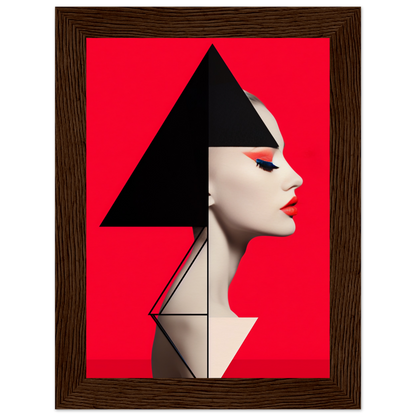 Profile portrait of a person with geometric shapes overlaid, set against a vivid red background.