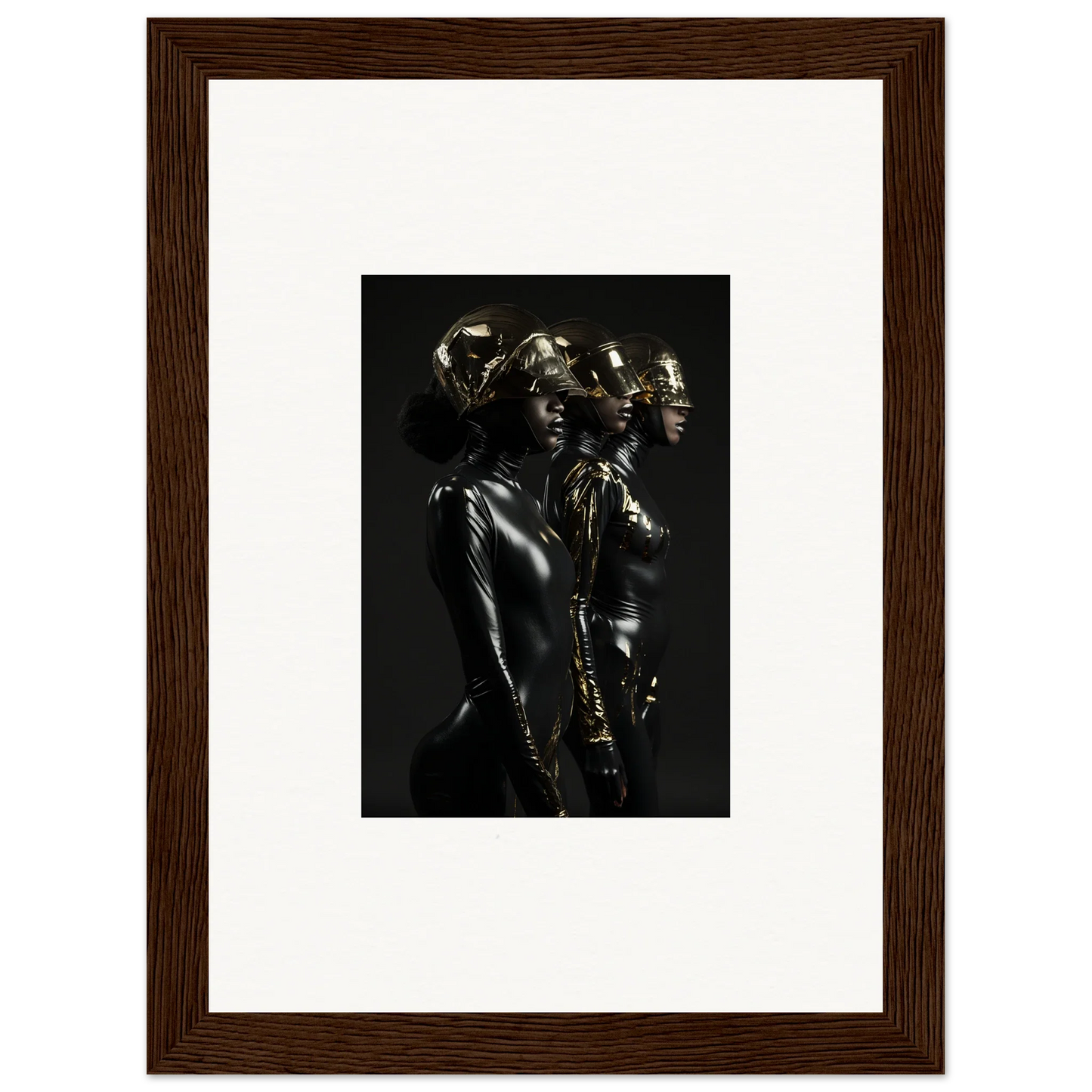 Framed black and white photograph of metallic-looking human figures in dramatic poses.