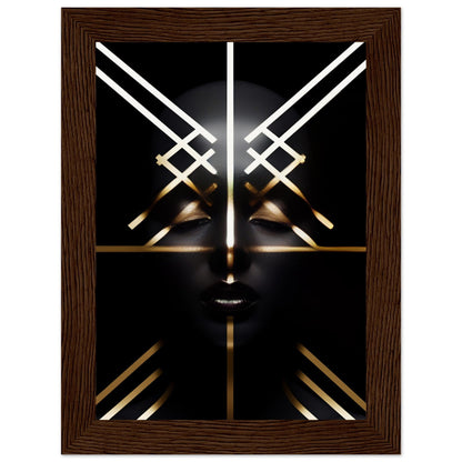 Abstract geometric face design with glowing white and gold lines on a black background.