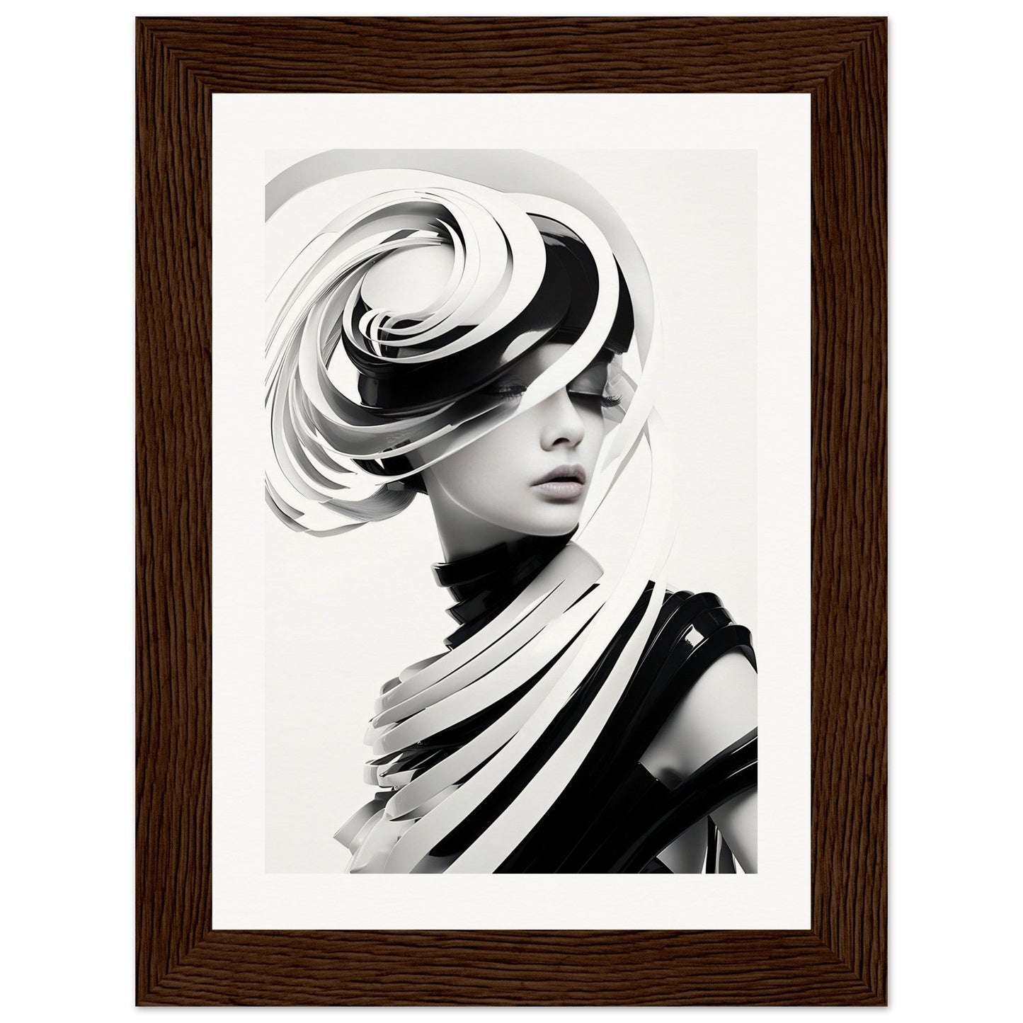 Black and white artistic portrait featuring a figure with an elaborate swirling hat or headpiece.