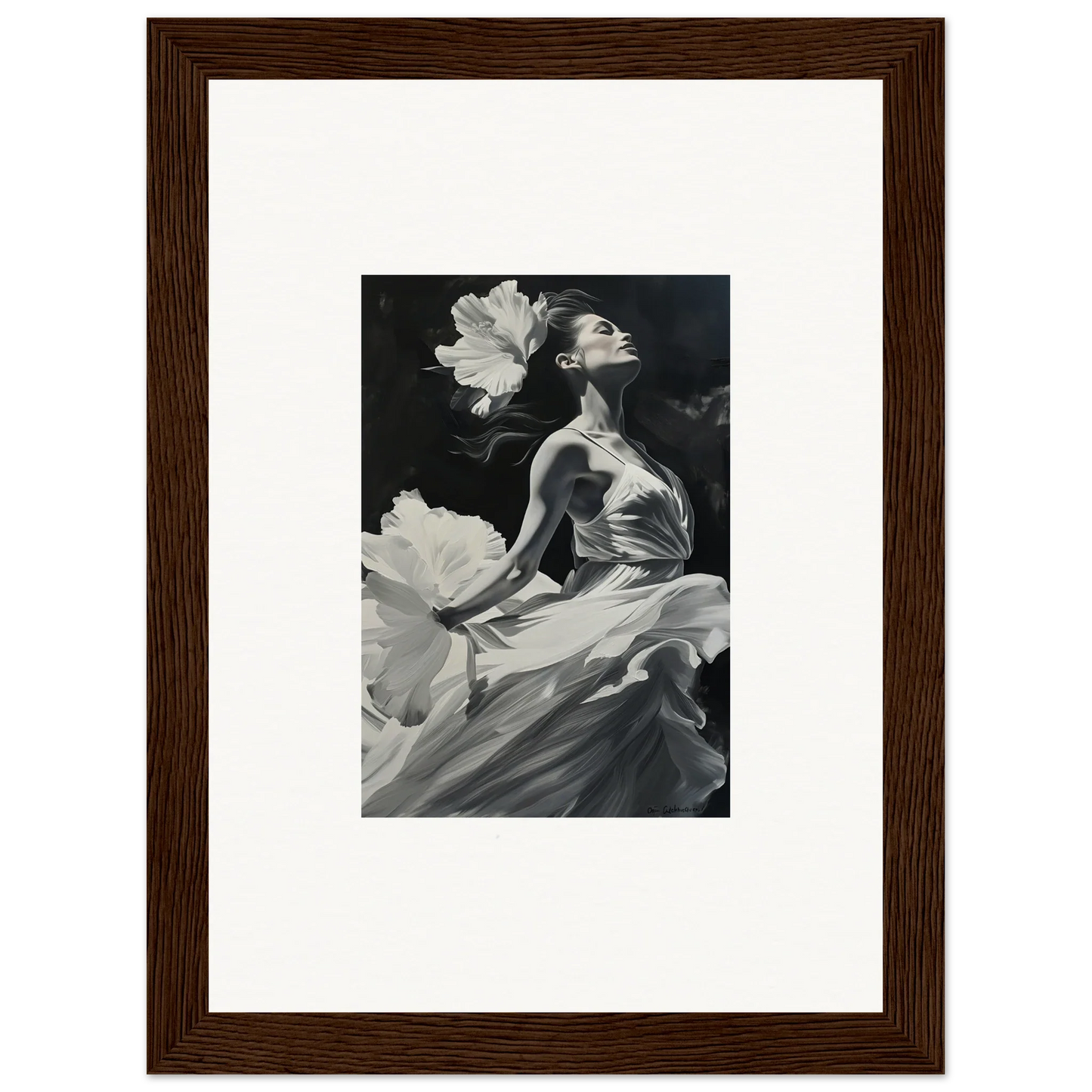 Black and white image of a figure in flowy fabric with petals, perfect for room decoration