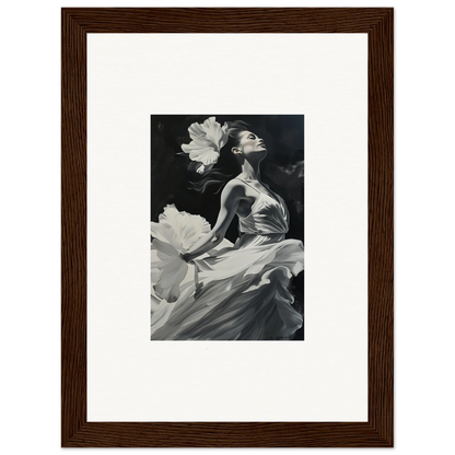 Black and white image of a figure in flowy fabric with petals, perfect for room decoration