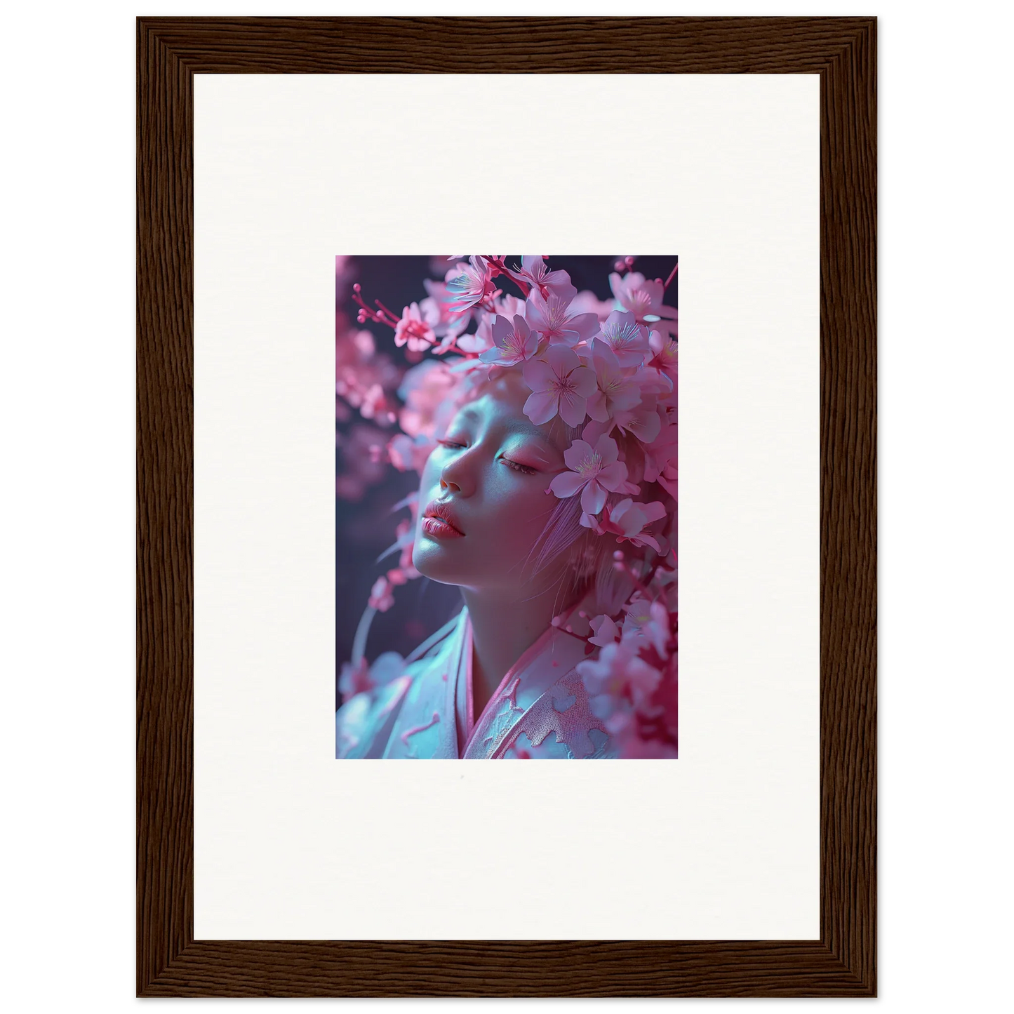 Framed photograph of pink cherry blossoms for dreamy room decoration or a canvas print