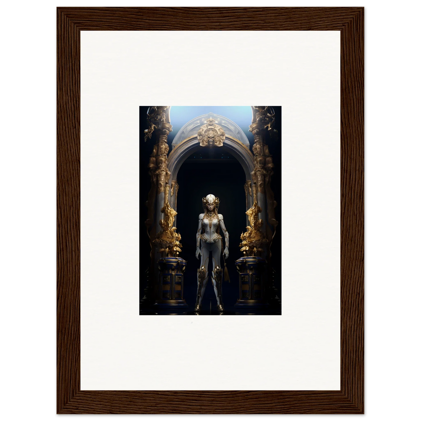 Framed artwork of a metallic humanoid in an ornate archway, perfect for Griffinscape Synergy room decoration