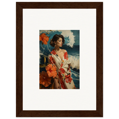 Framed canvas print of a woman in a floral robe, perfect for musing cascade room decoration