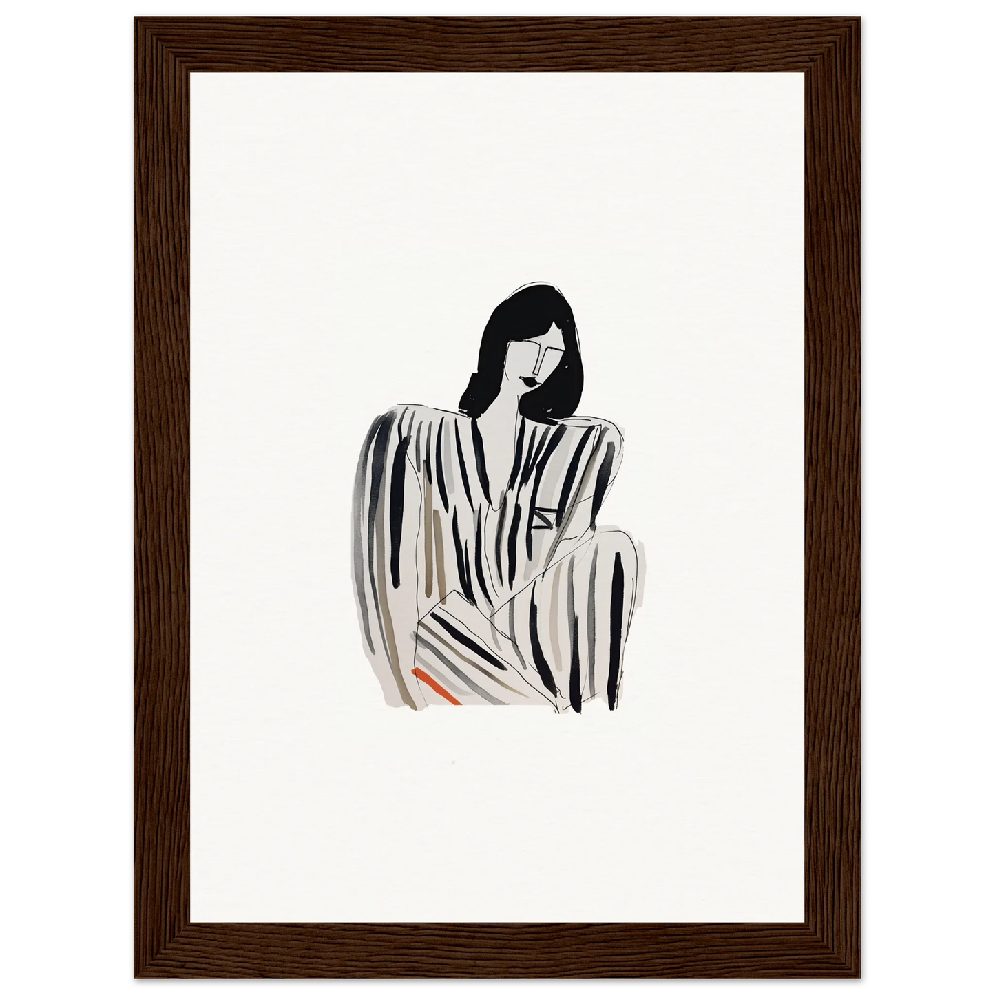 Minimalist black and white illustration of a woman in a striped dress for Whispers Formals