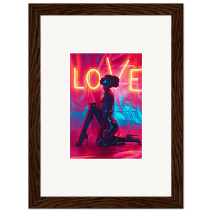 Framed canvas print of a kneeling figure under neon LOVE text for cool room decoration