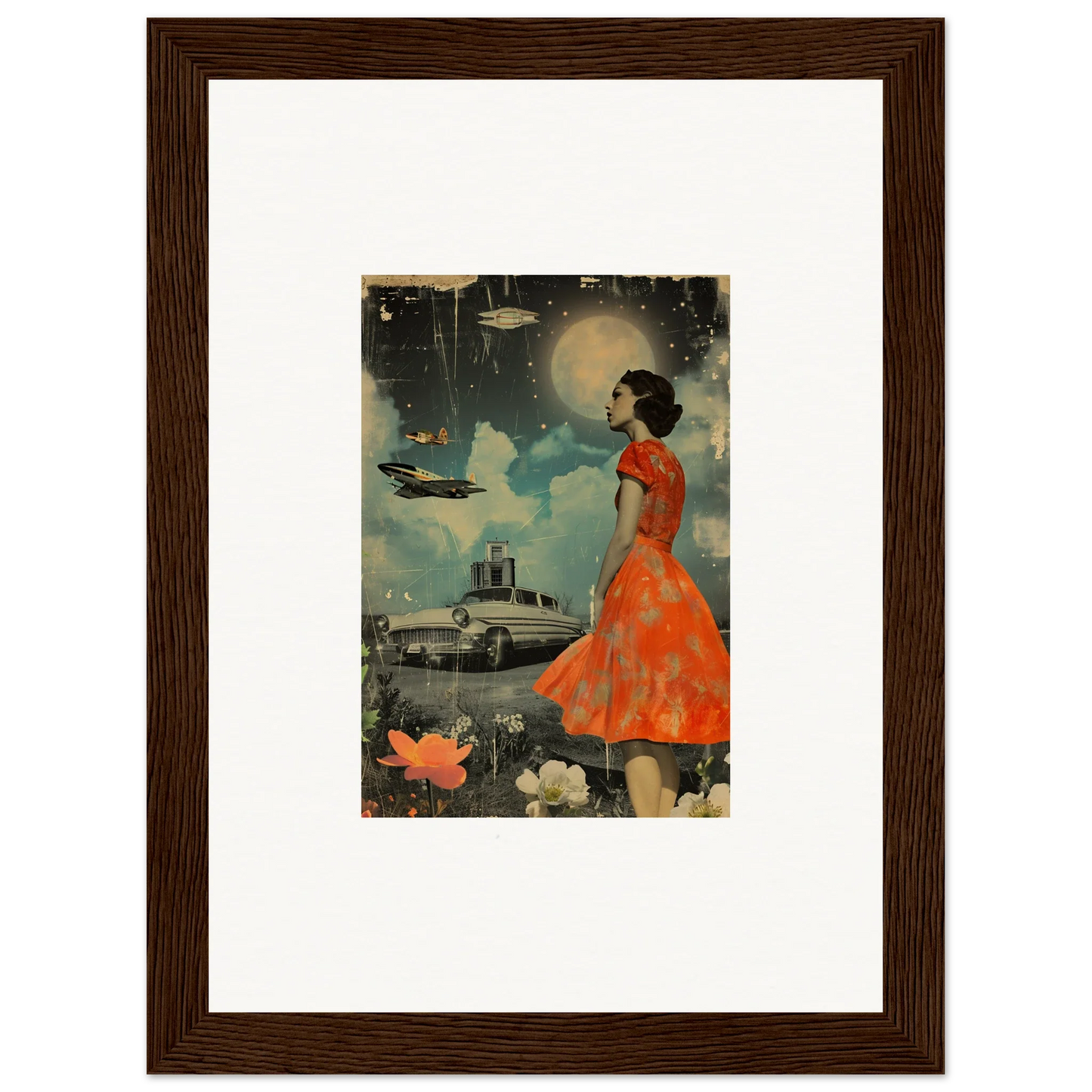 Vintage illustration of a woman in a red dress watching flying saucers for veil tales canvas print