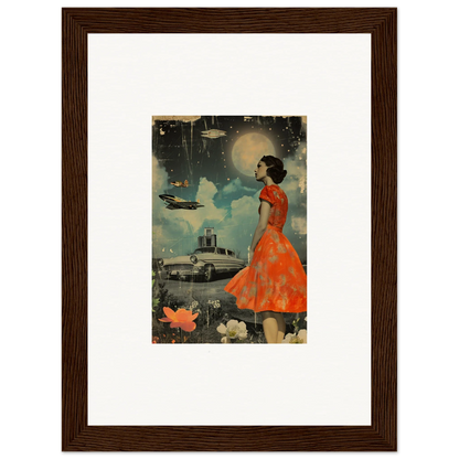 Vintage illustration of a woman in a red dress watching flying saucers for veil tales canvas print