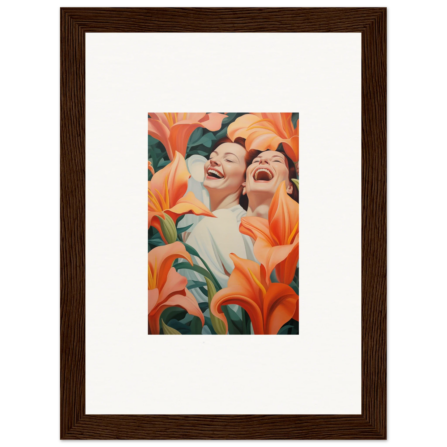 Framed canvas print of two laughing figures with orange lilies for room decoration