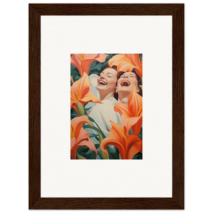 Framed canvas print of two laughing figures with orange lilies for room decoration